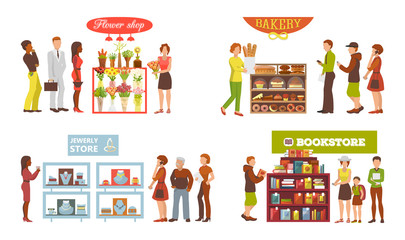 Obraz premium Shop window vector showwindow of book store flower-shop and window-case of bakery illustration set of jewelery frontstore showcase isolated on white background