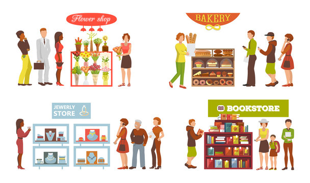 Shop window vector showwindow of book store flower-shop and window-case of bakery illustration set of jewelery frontstore showcase isolated on white background