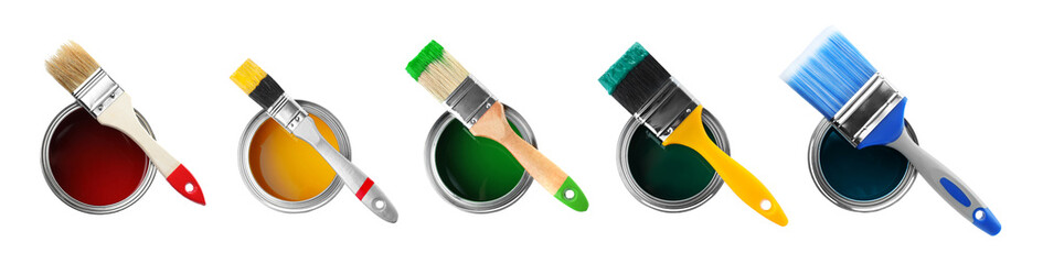 Set of different paint brushes and cans on white background, top view