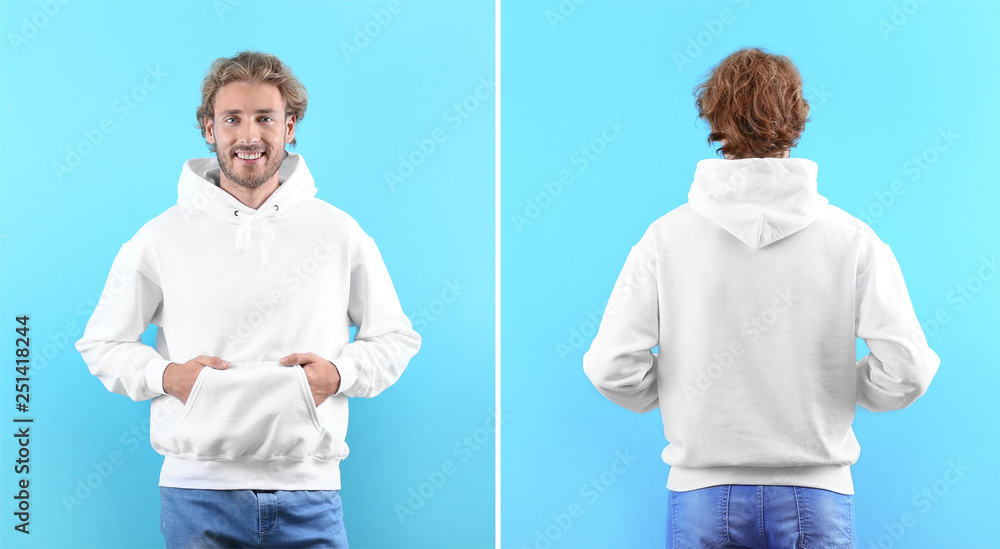 Wall mural Man in blank hoodie sweater on color background, front and back views. Mock up for desing - Wall murals