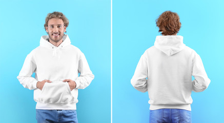 Man in blank hoodie sweater on color background, front and back views. Mock up for desing