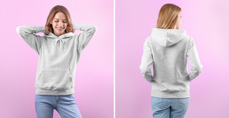 Young woman in blank hoodie sweater on color background, front and back views. Mock up for desing
