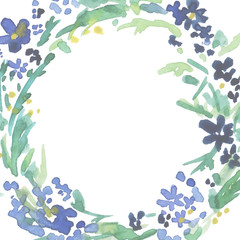 Watercolor blue flowers wreath. Floral frame,  Illustration hand painted. Isolated on white background. Design for Mother s Day, wedding, birthday, Easter, Valentine s Day.