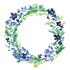 Obraz na płótnie Canvas Watercolor blue flowers wreath. Floral frame, Illustration hand painted. Isolated on white background. Design for Mother s Day, wedding, birthday, Easter, Valentine s Day.