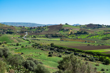 Fototapeta na wymiar Scenic landscape of Sicily. Sicilian countryside landscape with hills.