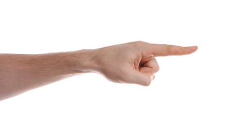 Man pointing at something on white background, closeup of hand