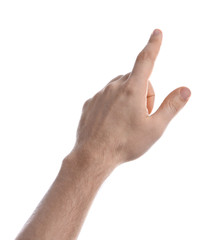 Man pointing at something on white background, closeup of hand
