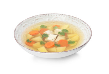 Dish with fresh homemade chicken soup on white background