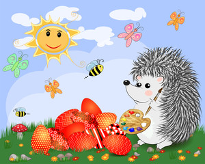 Easter hedgehog with a brush and a palette paints a huge Easter egg on a glade, the sun, butterflies, spring. Copy space