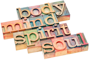 body, mind, spirit and soul concept in wood type