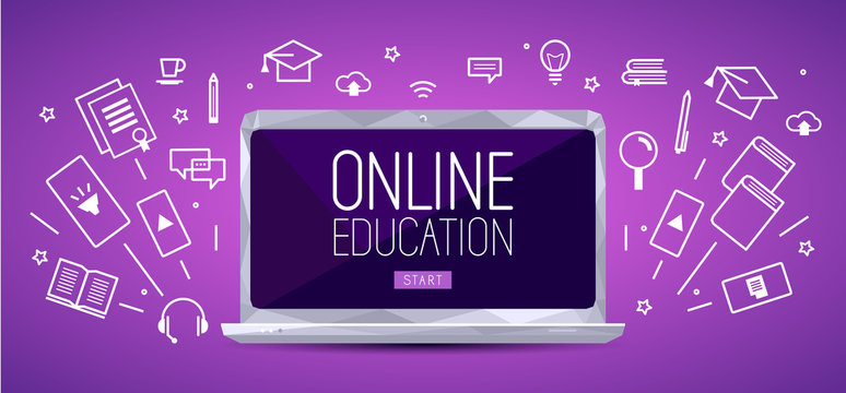 Online education banner with screen of laptop and outline icons on violet background. Training courses, e-learning, distance learning