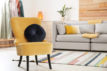 Comfortable armchair with soft cushion in modern living room interior. Space for text