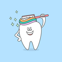 Cartoon tooth with toothpaste and toothbrush. Dental care and oral hygiene icon. Brushing teeth.