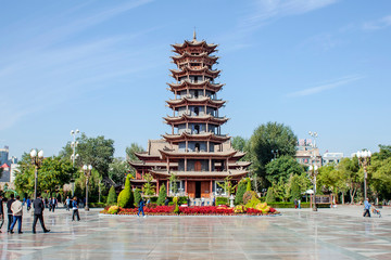 Traditional Chinese Architecture Of Pagoda On The Main Square Of Zhangye City