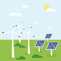 energía renovable, energía solar, energía eólica. ilustración - vector