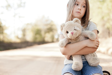 Little Girl with Ragged Teddybear and Suitcase - Poverty, Homelessness, Runaway Child