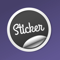 Paper sticker with peel off corner. Vector black banner or circle folded label.