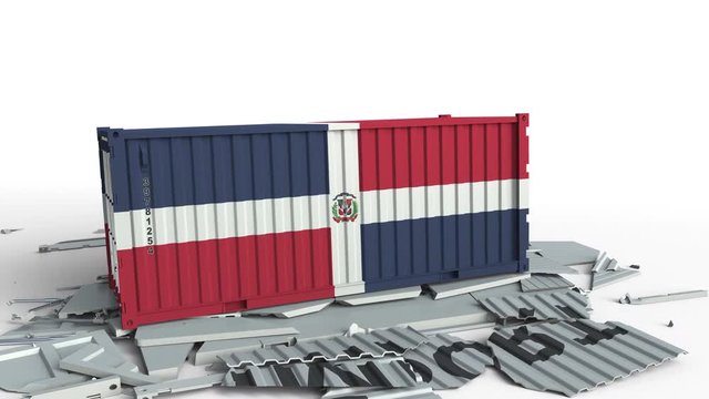 Cargo container with flag of the Dominican Republic breaks container with IMPORT text. Conceptual 3D animation