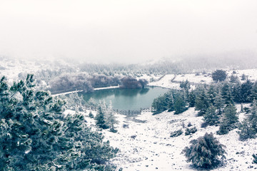 Panoramic view of the picturesque snowy winter landscape. Spil National Park.