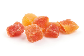 Dried fruits apricot and papaya, close-up, isolated on white background