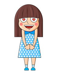 Cute cartoon girl with love in eyes. Vector illustration