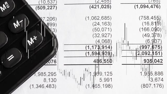 Finance statement report of balance sheet of company with stock candle price graph. Analyzing money balance. Expenditure and revenue, profit statistics