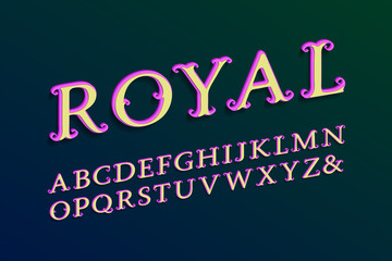 Royal layered alphabet. Colored 3d font. Isolated english alphabet.