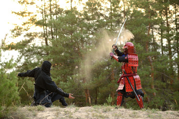 Samurai fight with ninjas on a background of forest and sand