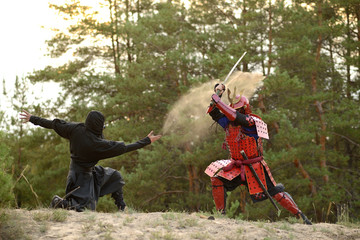 Samurai fight with ninjas on a background of forest and sand