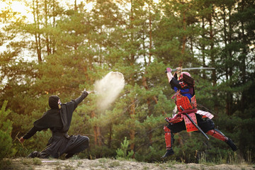 Samurai fight with ninjas on a background of forest and sand