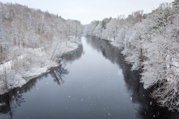 Morrum river in snowy winter scenery, Sweden