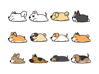 Lazy dog sleeping cartoon icon set, vector illustration