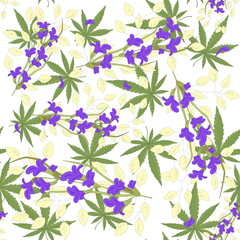 Cannabis leaves with flowers pattern. Marijuana and flowers pattern. Cannabis pattern. Vector illustration.