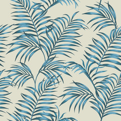 Blue tropical leaves seamless beige background