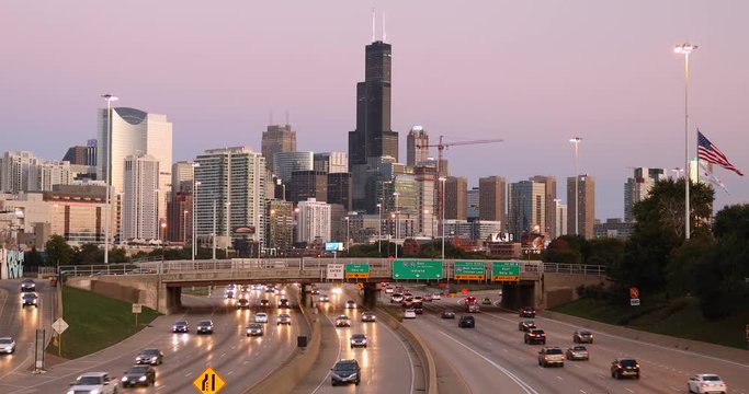 Chicago Illinois downtown city skyline view over the freeway