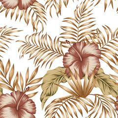 Naklejki  Tropikalna kompozycja botaniczna hibiskusa złote liście palmowe białe tło