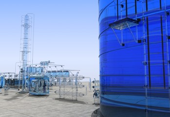 oil refinery, glass factory, exterior visualization, 3D illustration