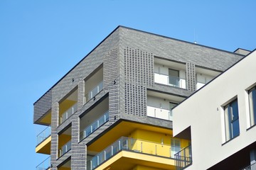 Futuristic architecture of apartment building. Modern residential architecture