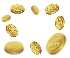 Flying dollar coins on a white background.