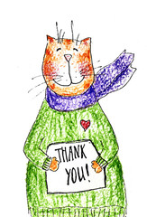 Line drawing cartoon cat with a sign "Thank you"
