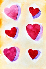 Obraz na płótnie Canvas Watercolor postcard illustration with set of 6 hearts