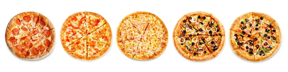 Foto op Canvas Set pizza& 39 s: pepperone, kaas, kip en tomaten, tonijn, garnalen © nata_vkusidey