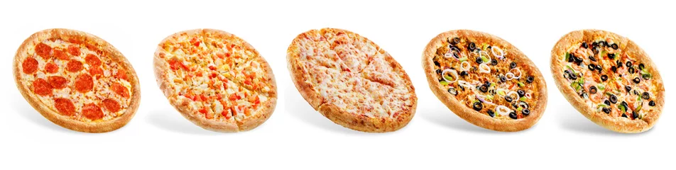 Foto op Canvas Set of pizzas: pepperone, cheese, chicken and tomatoes, tuna, shrimp © nata_vkusidey