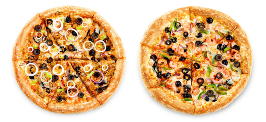 Set of pizzas: pizza with tuna and shrimp
