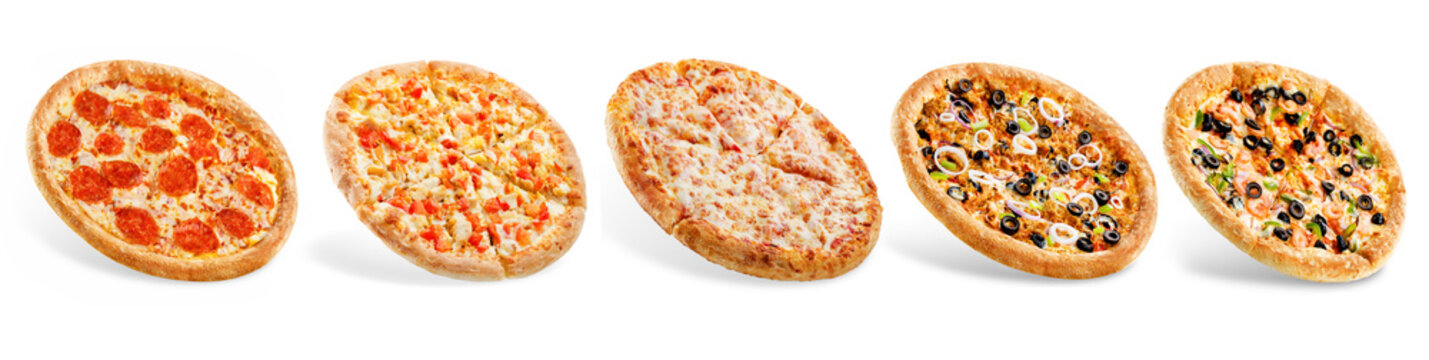 Set of pizzas: pepperone, cheese, chicken and tomatoes, tuna, shrimp