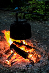 Rest on the nature, a black kettle is heated by water on a fire.