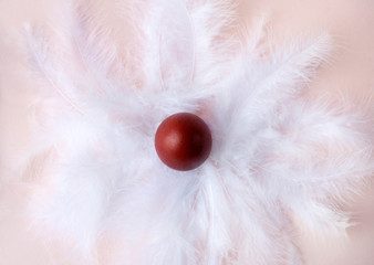1 brown Easter egg on white feathers, top view