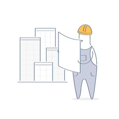 Builder, construction man, engineer in helmet with plan near skyscrapers, the city under construction. Real estate, home improvement