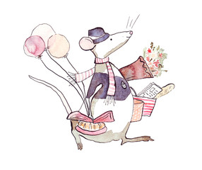 Watercolor illustration. Cute animal like humans. Humanized animal. A mouse is going with gift box. Graphic illustration.