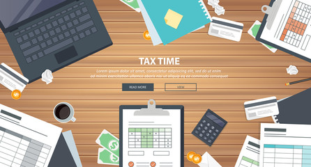 Tax payment. Government, state taxes. Data analysis, paperwork, financial research, report. Businessman calculation tax return. Flat design. Tax form vector. Payment of debt.